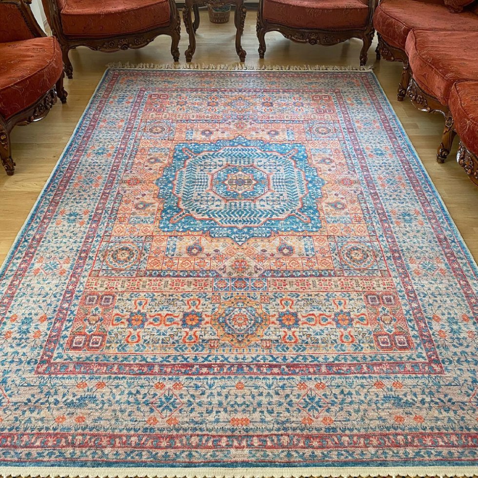 Tapis lavable bleu et orange de style persan
