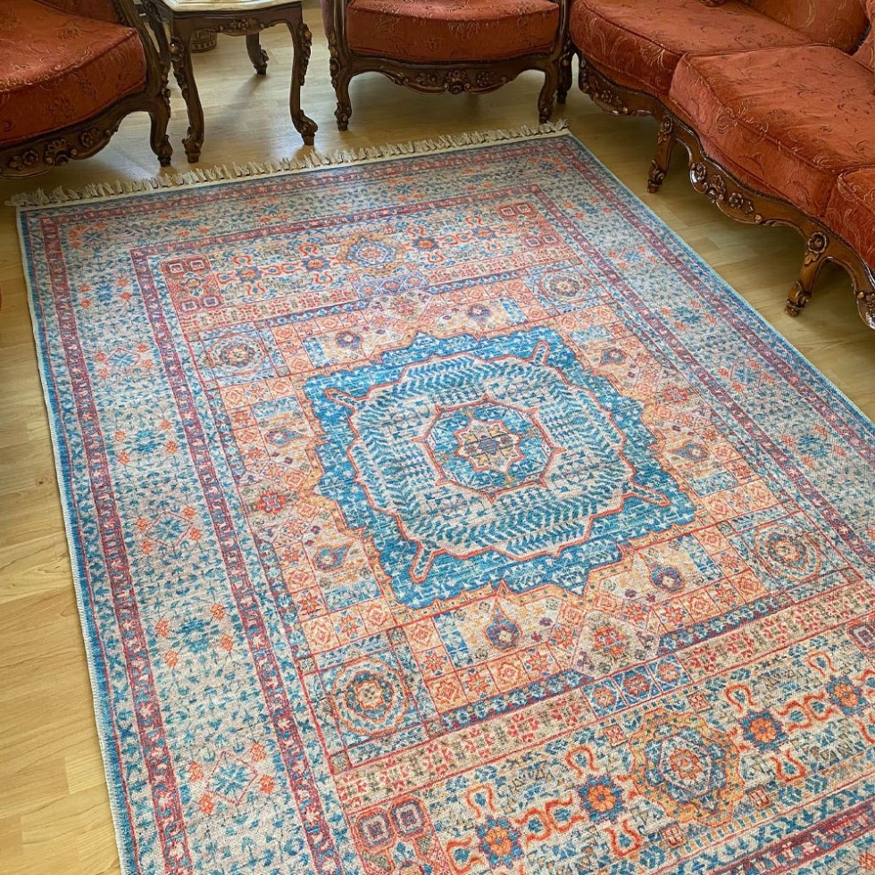 Tapis lavable bleu et orange de style persan