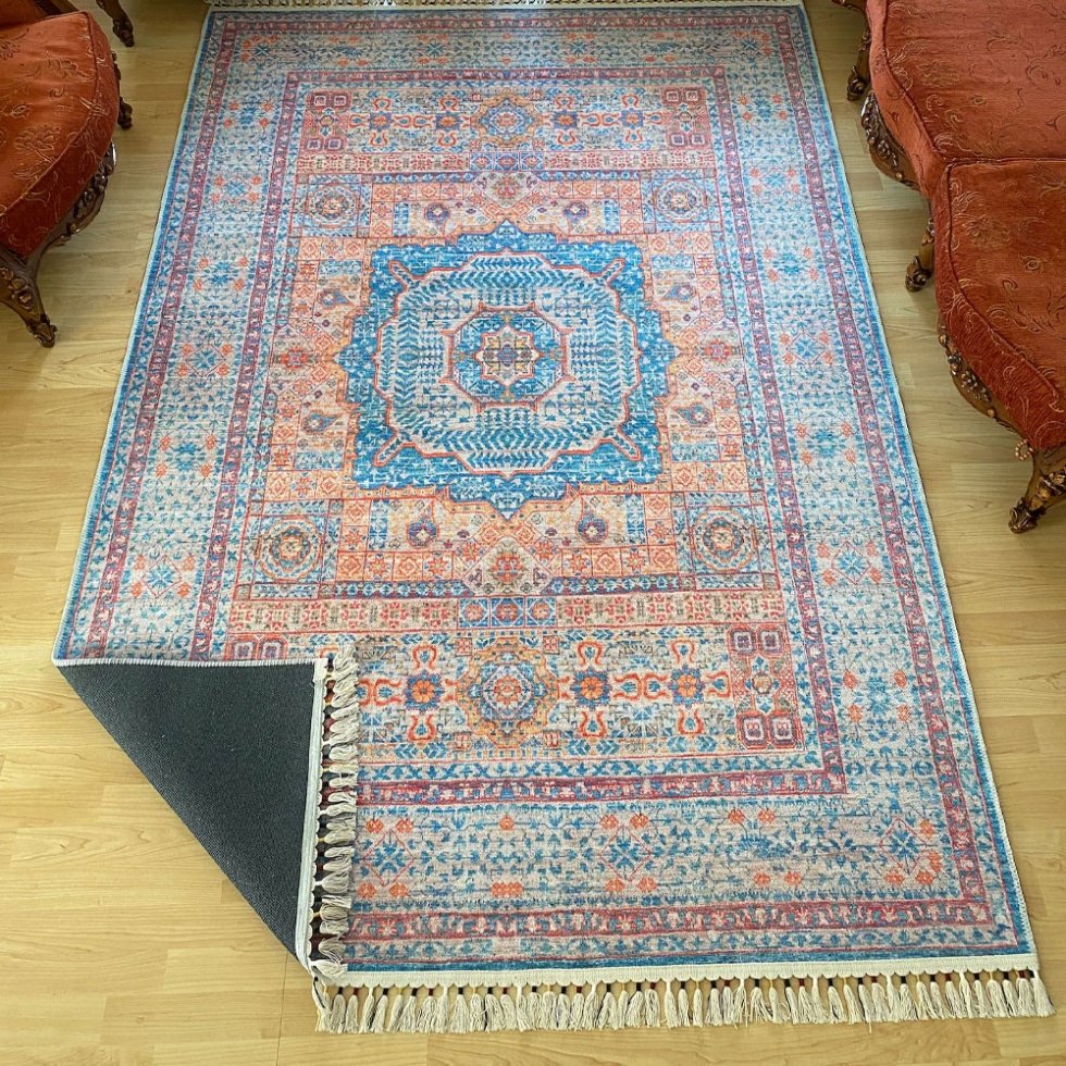 Tapis lavable bleu et orange de style persan