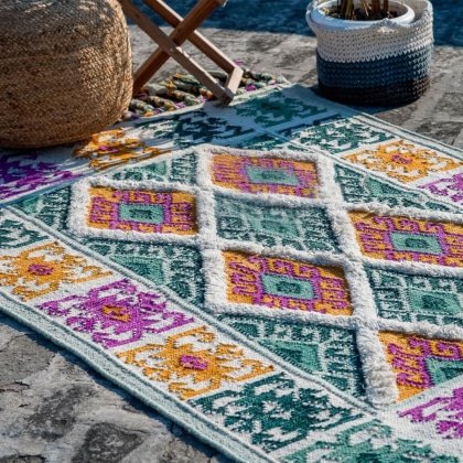 Tapis kilim traditionnel vert et jaune