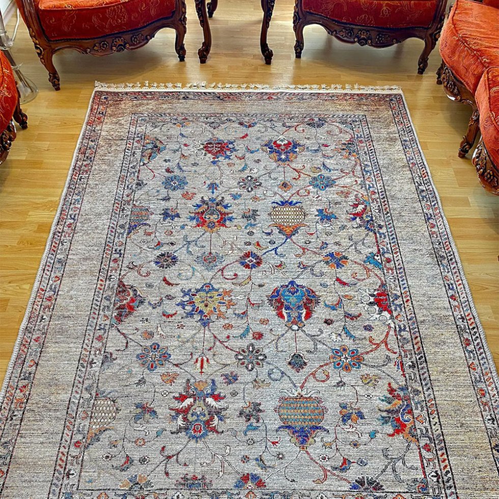 Tapis gris turc de style kilim lavable