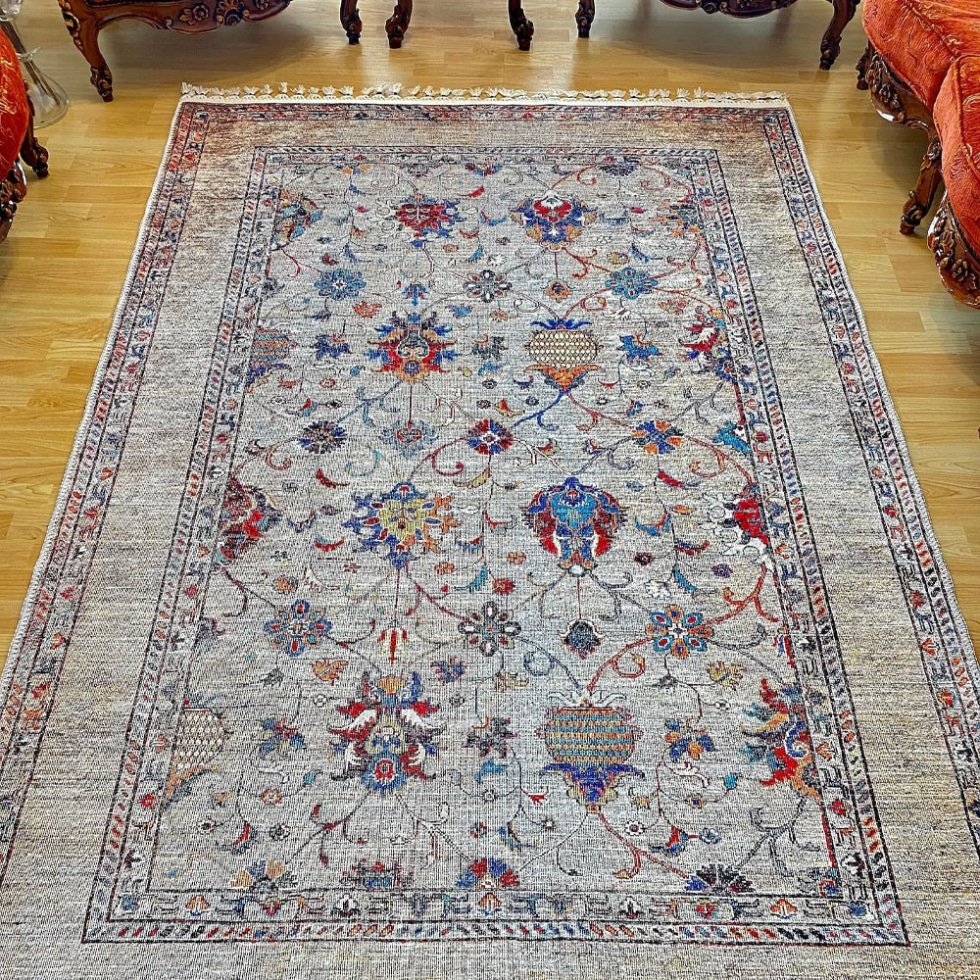 Tapis gris turc de style kilim lavable