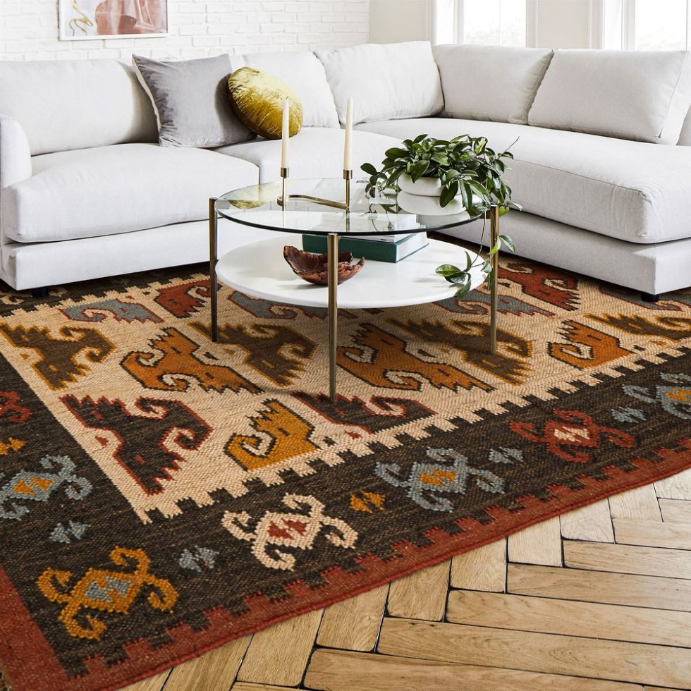 Tapis ethnique Kilim en jute et laine