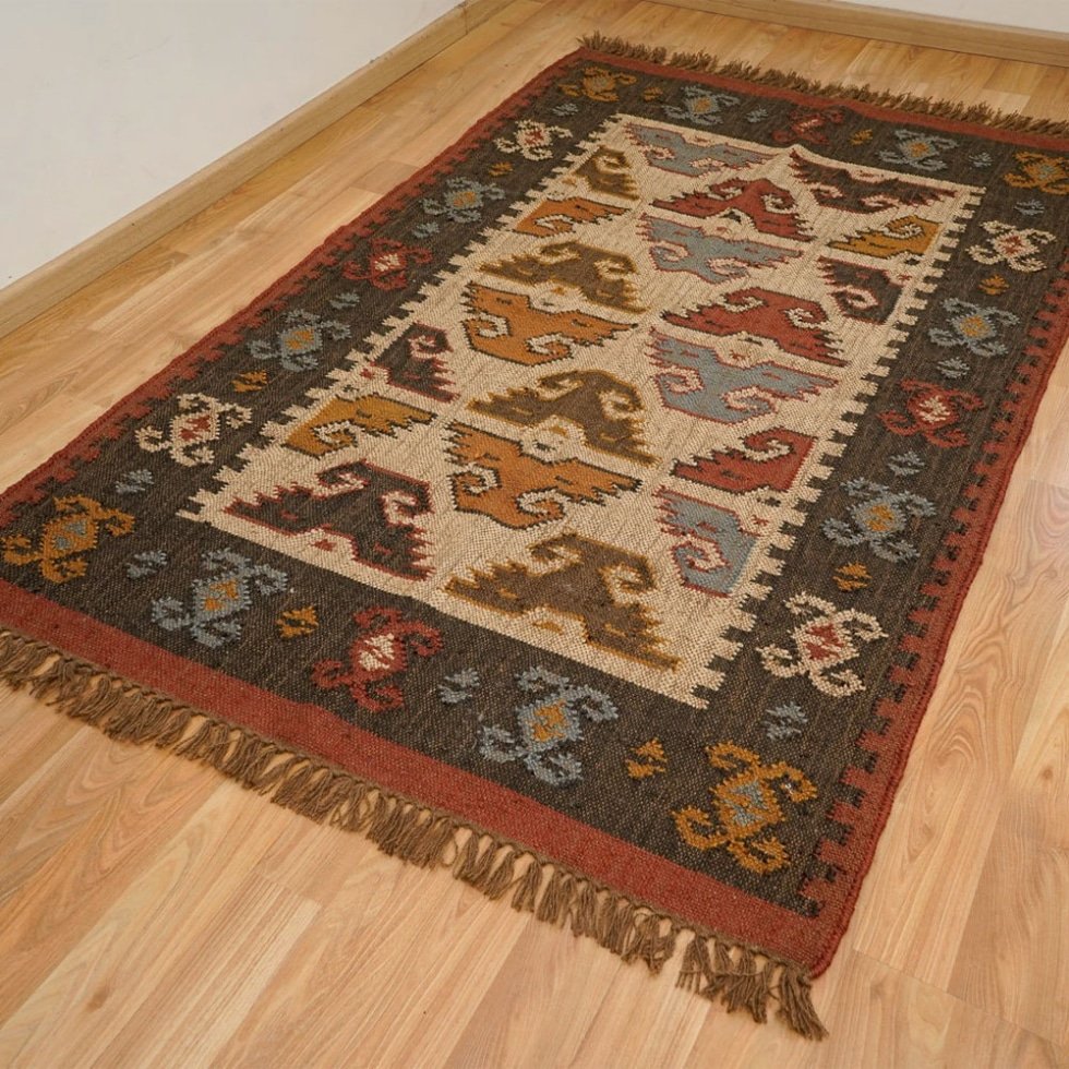 Tapis ethnique Kilim en jute et laine