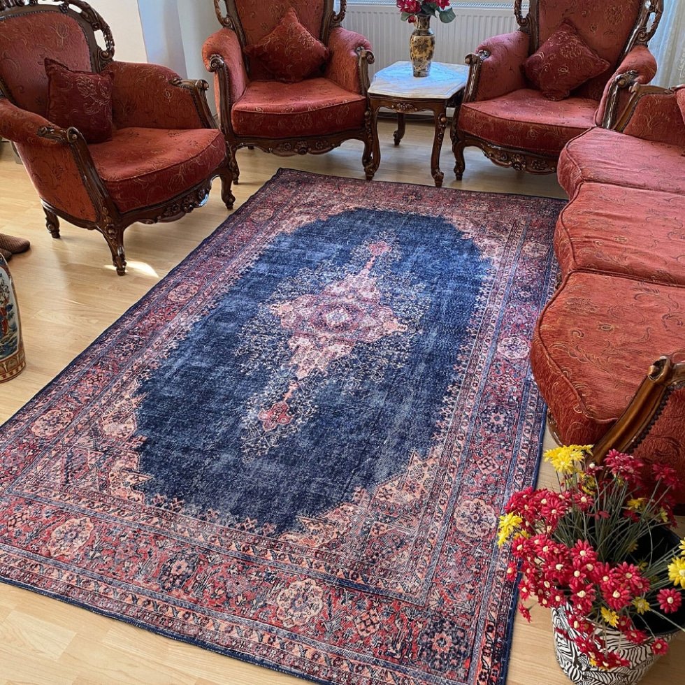 Tapis persan imprimé vintage bleu marine
