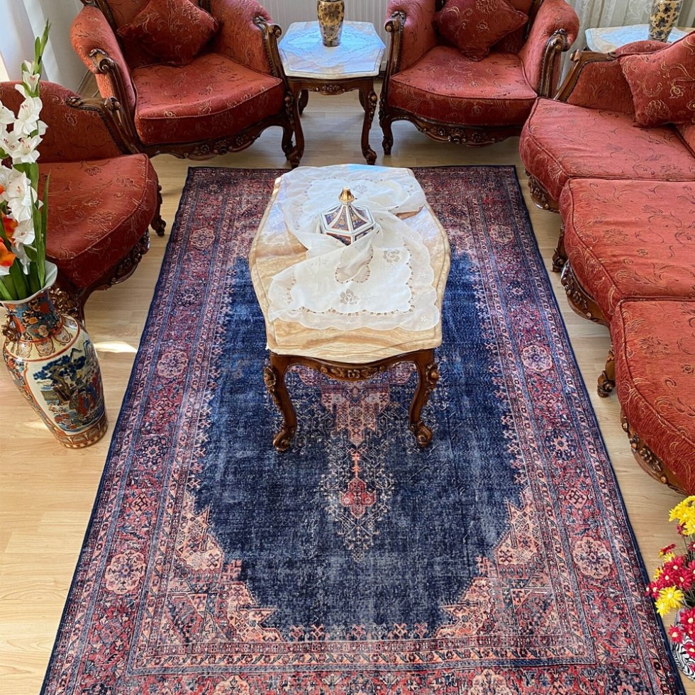 Tapis persan imprimé vintage bleu marine