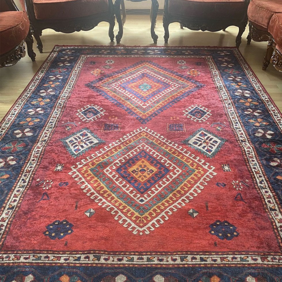 Tapis lavable Aubusson rouge style kilim