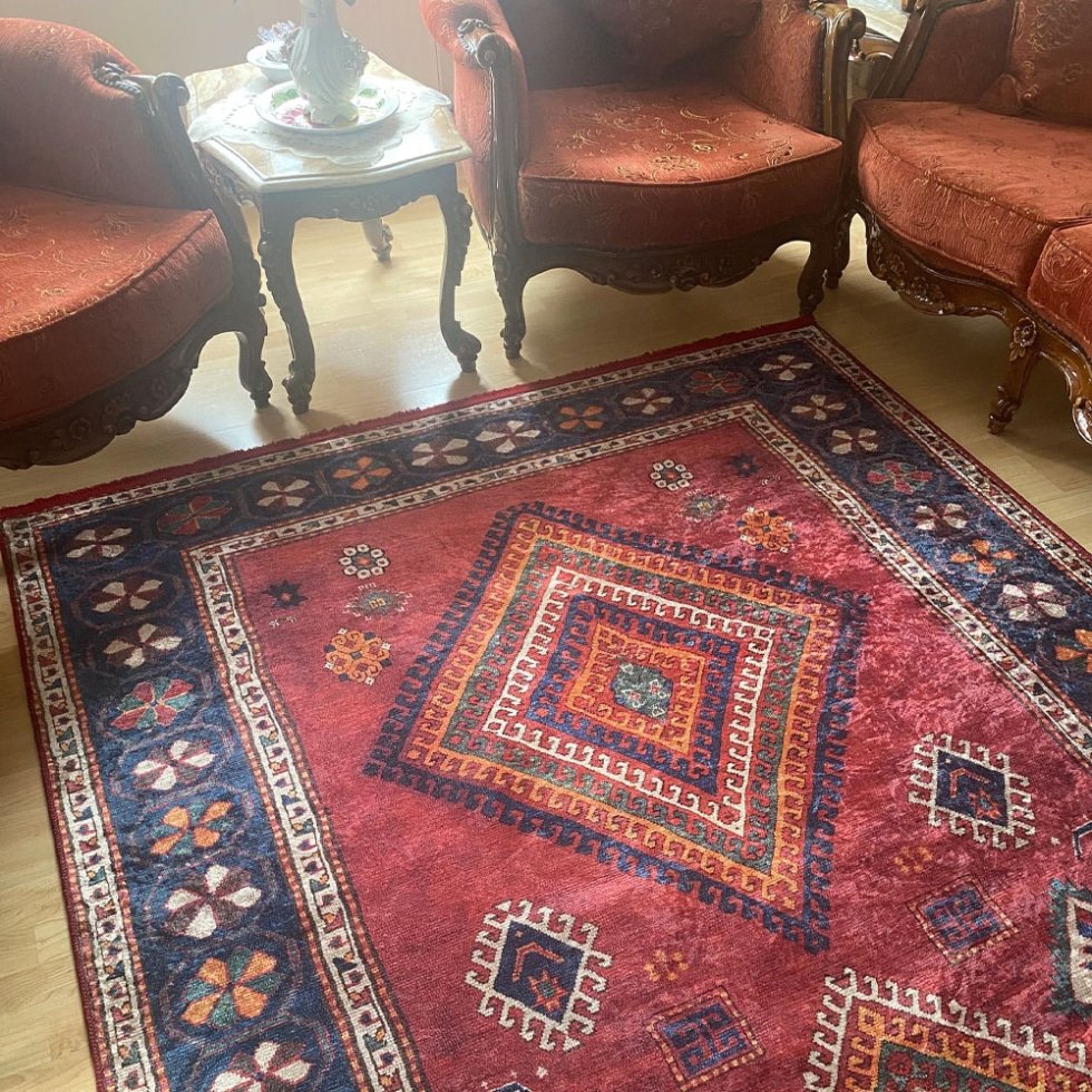 Tapis lavable Aubusson rouge style kilim