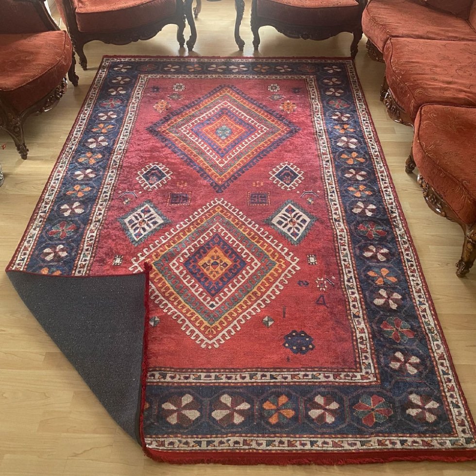 Tapis lavable Aubusson rouge style kilim