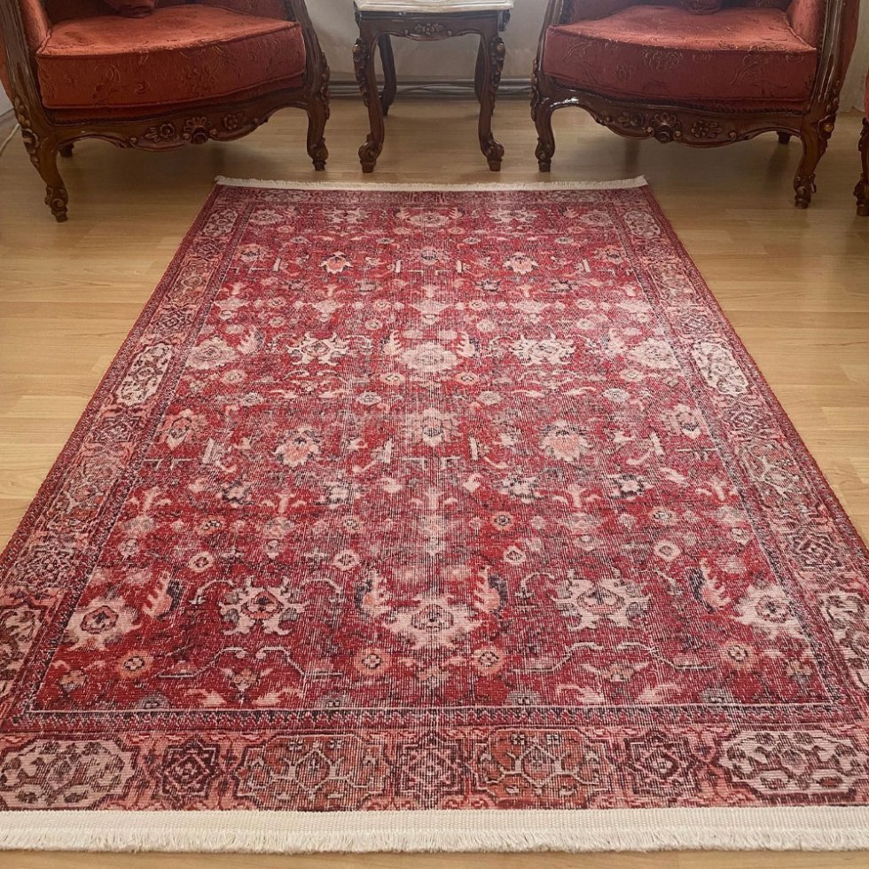 Tapis lavable Oushak rouge de style Kilim