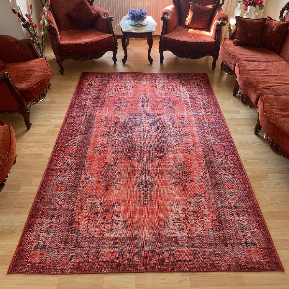 Tapis turc rouge lavable de style kilim