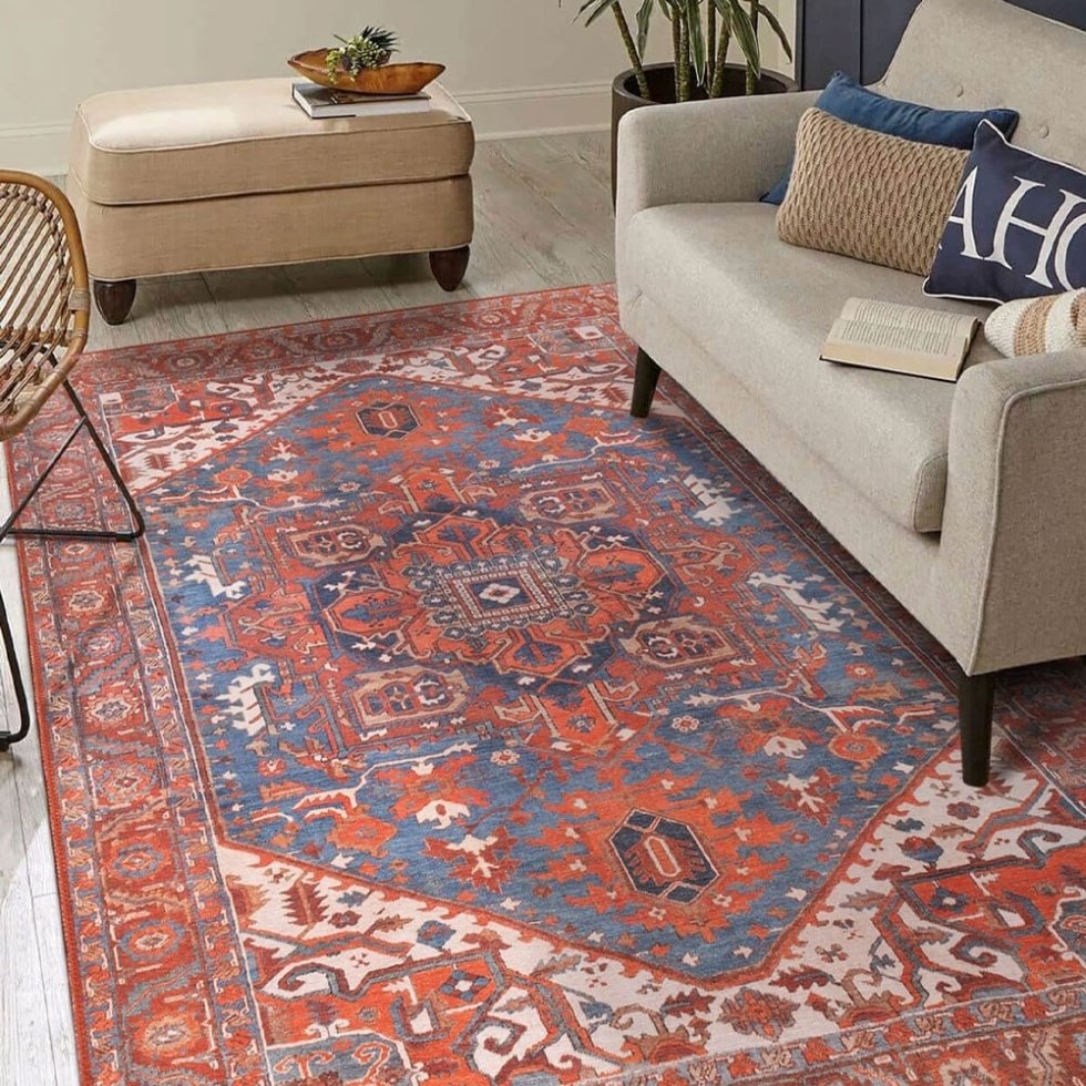 Tapis turc rouge et bleu lavable