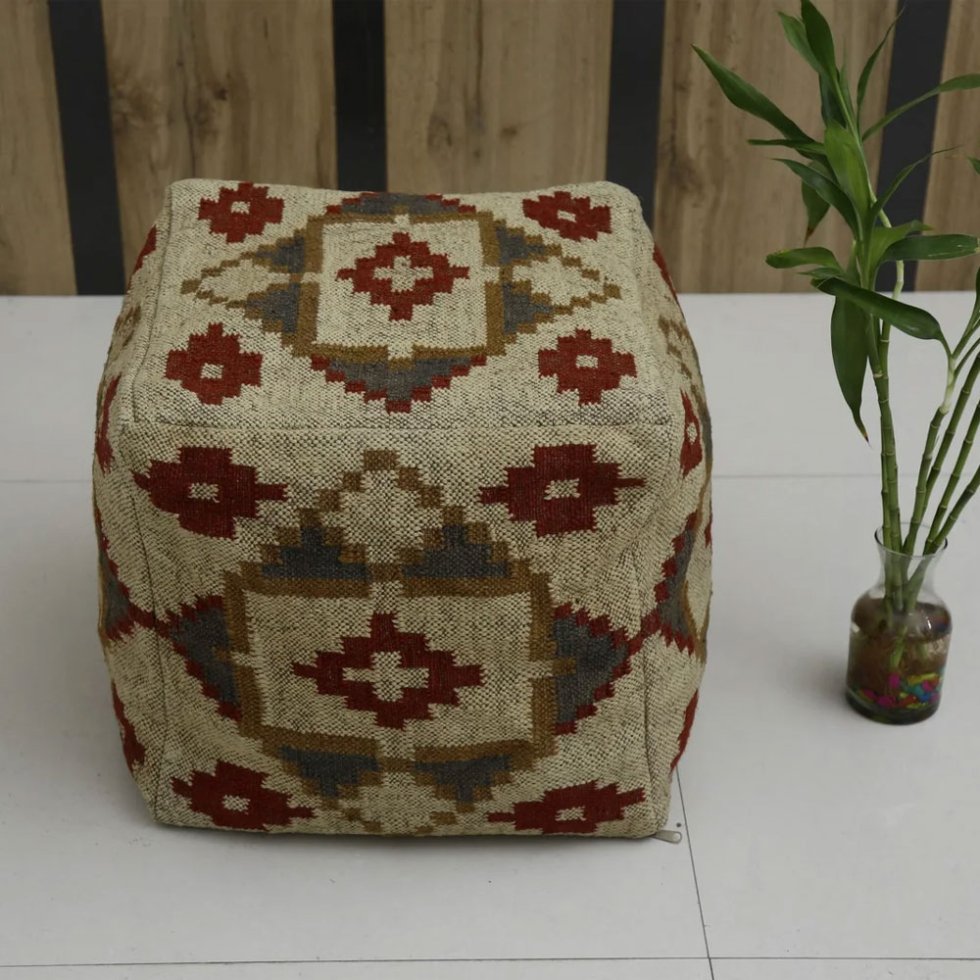 Pouf Kilim beige à motifs de diamants