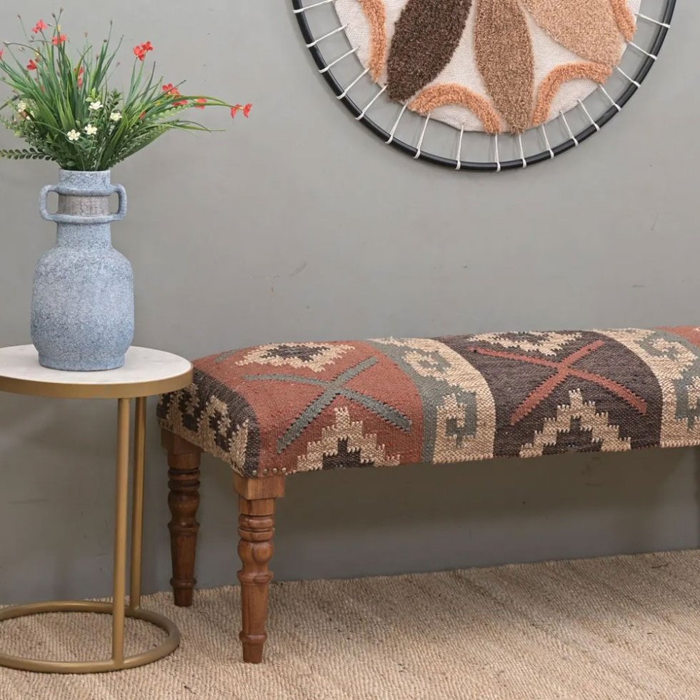 Banc ottoman oriental en kilim de laine et de jute