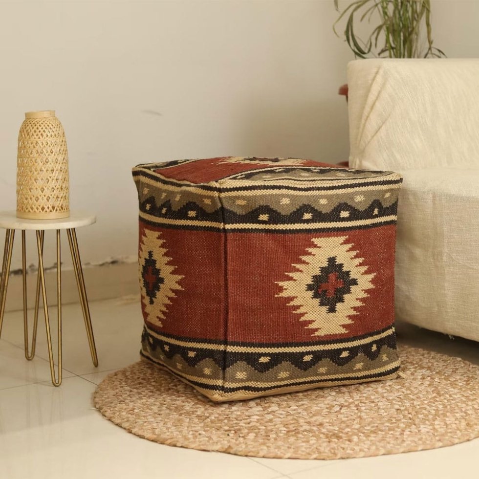 Pouf Kilim rouille à motifs de diamants