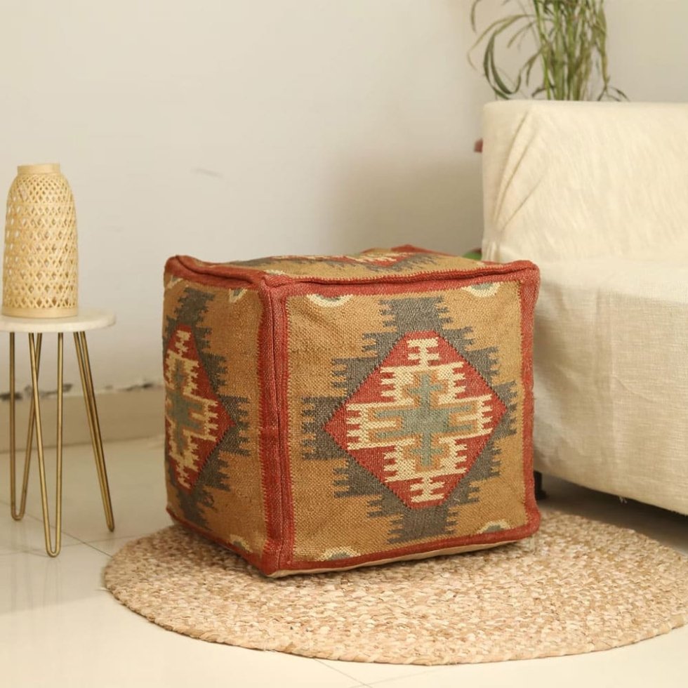 Pouf Kilim à motif de diamant jaune