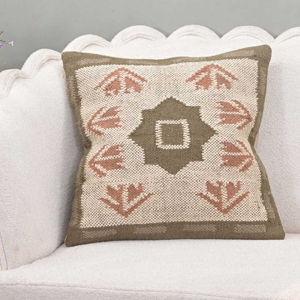 20x20 oreiller kilim vert et beige