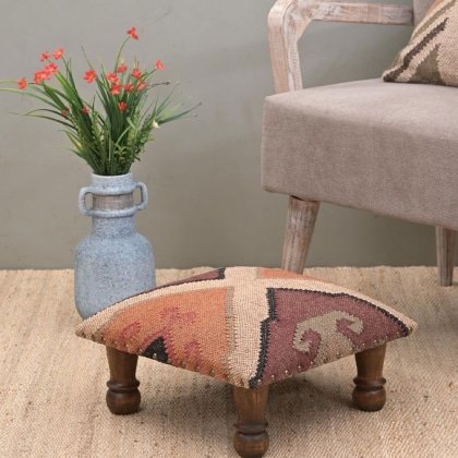 Tabouret kilim en laine et jute beige