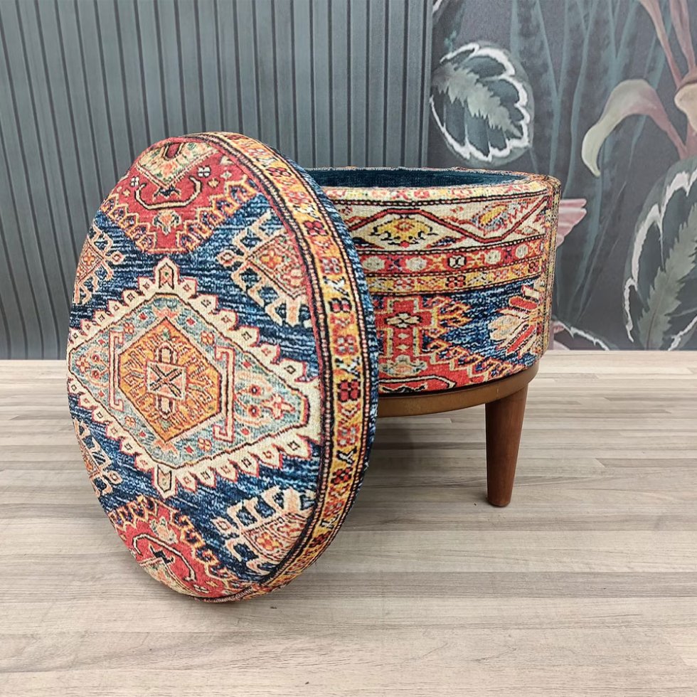 Ottoman kilim turc rond bleu et beige avec rangement