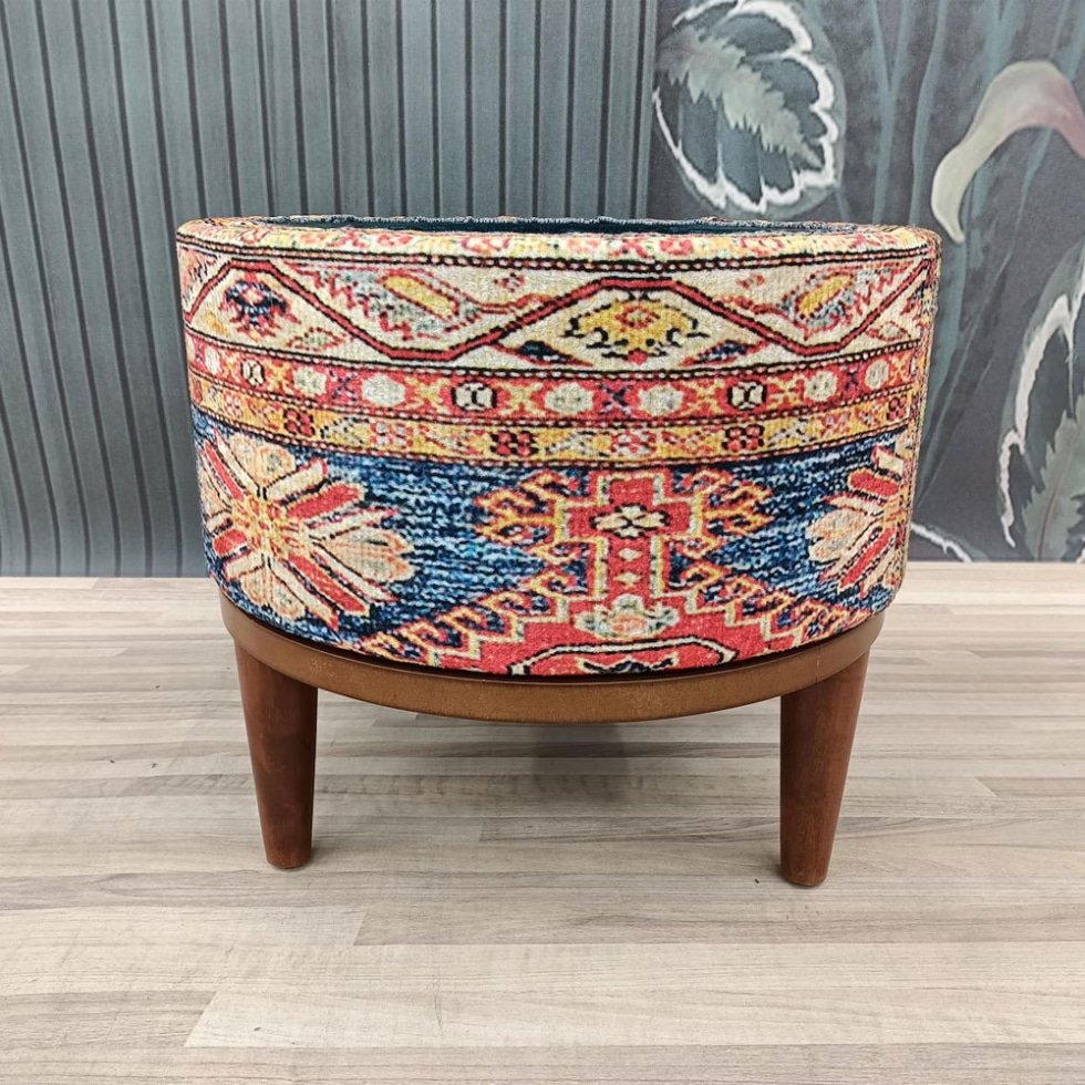Ottoman kilim turc rond bleu et beige avec rangement