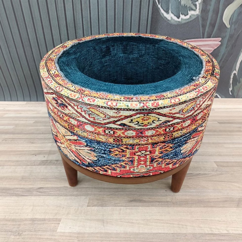 Ottoman kilim turc rond bleu et beige avec rangement