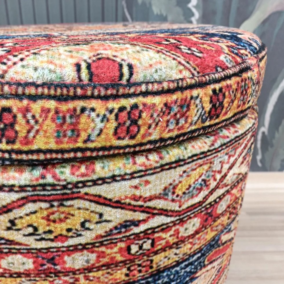 Ottoman kilim turc rond bleu et beige avec rangement