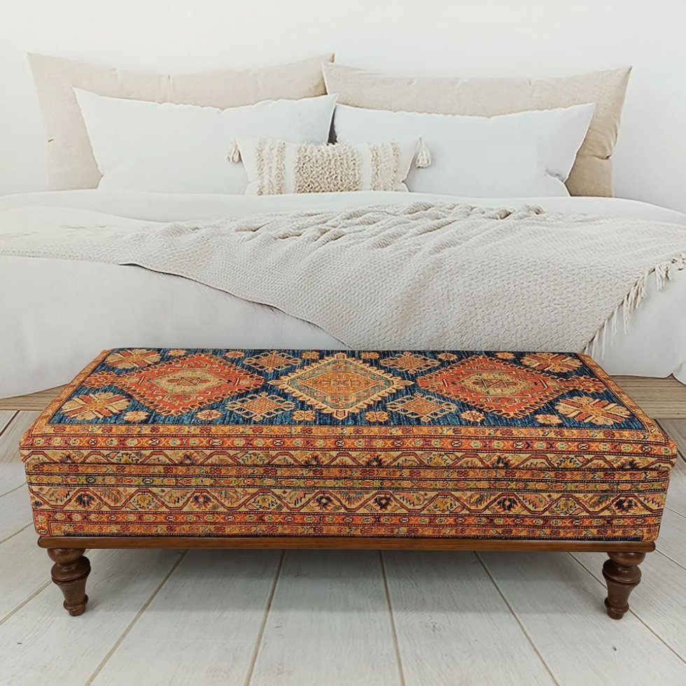 Table basse ottomane en kilim turc bleu et orange avec rangement