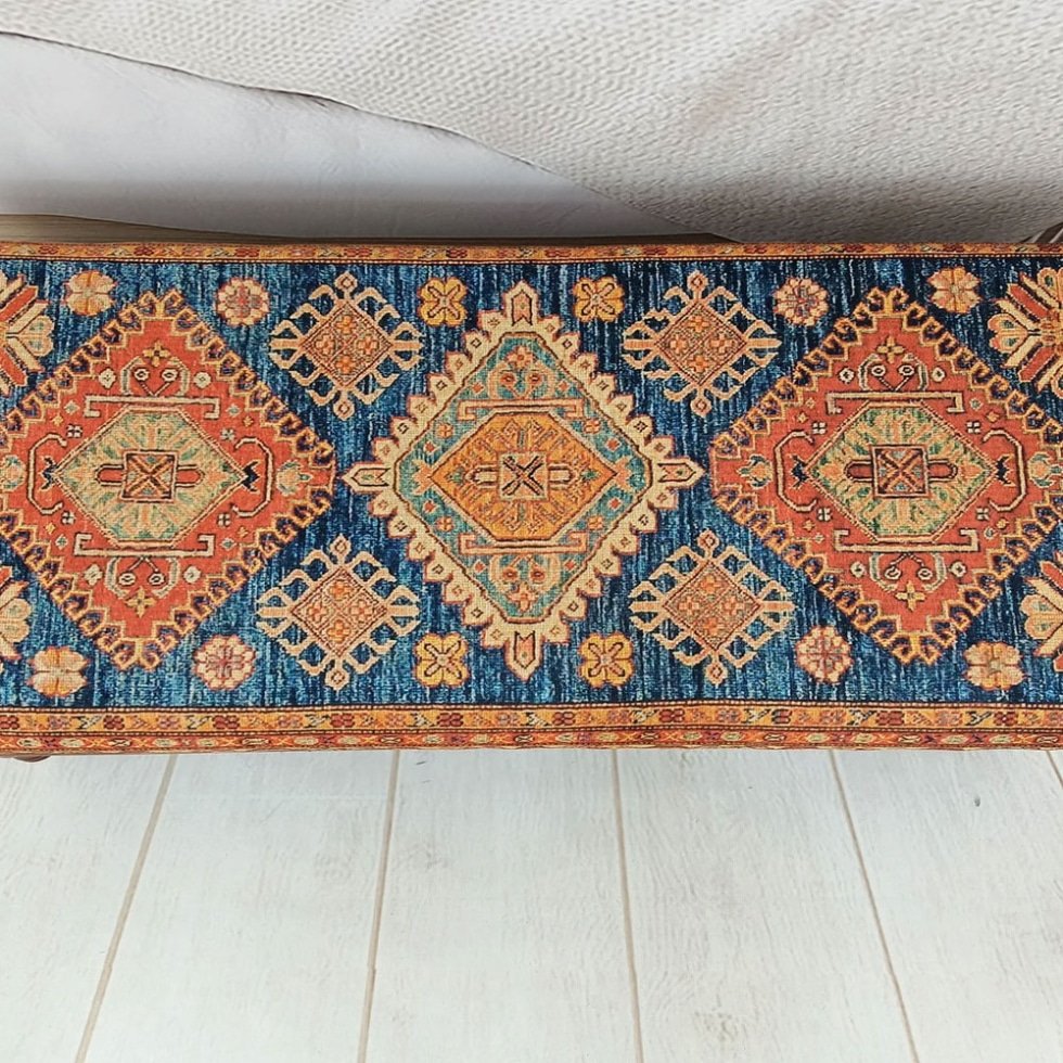 Table basse ottomane en kilim turc bleu et orange avec rangement