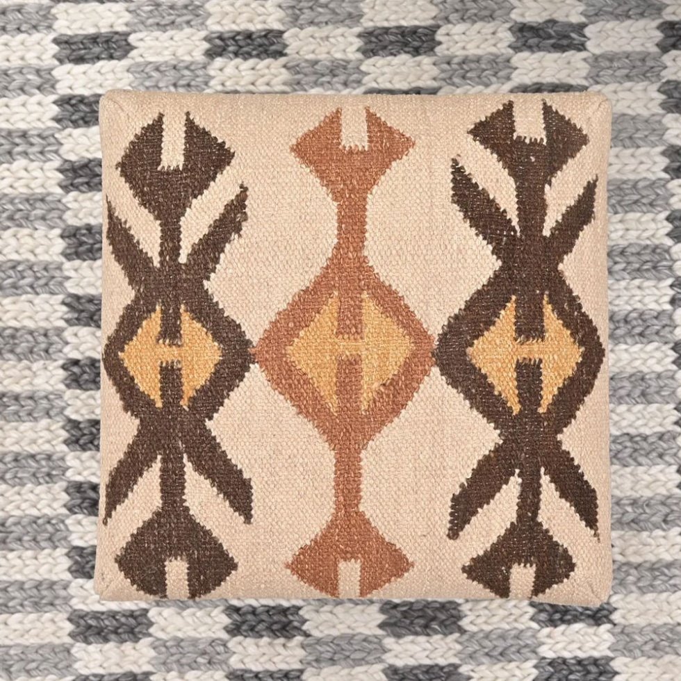 Pouf ottoman en kilim tribal ivoire