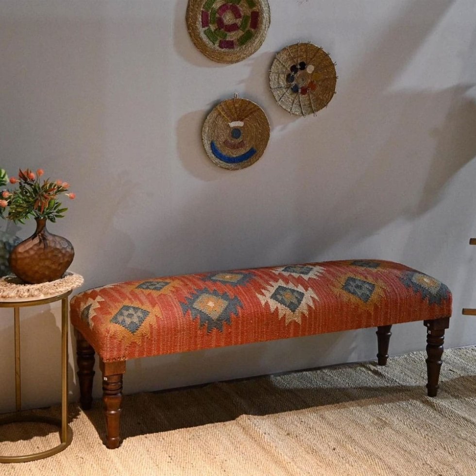 Banc ottoman en kilim de laine jute navajo rouge