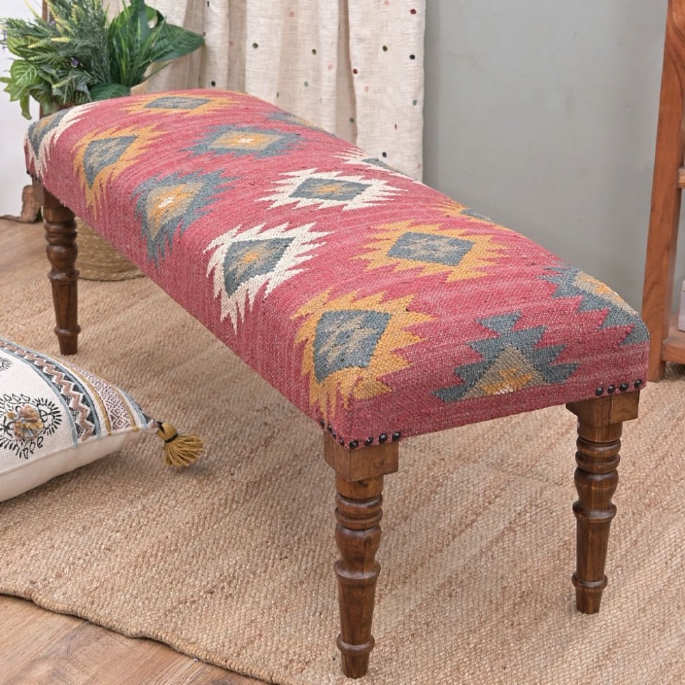 Banc ottoman en kilim de laine jute navajo rouge