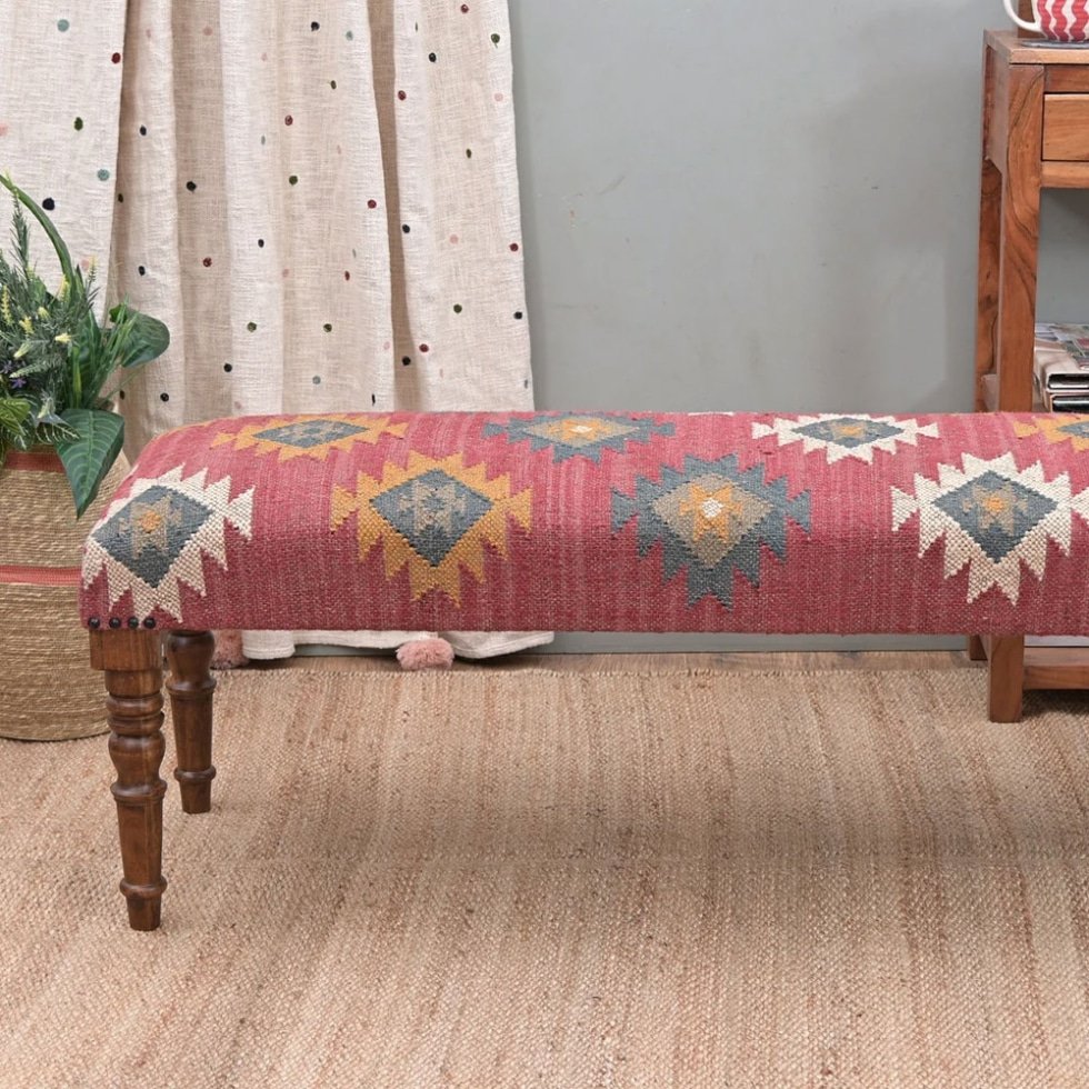 Banc ottoman en kilim de laine jute navajo rouge