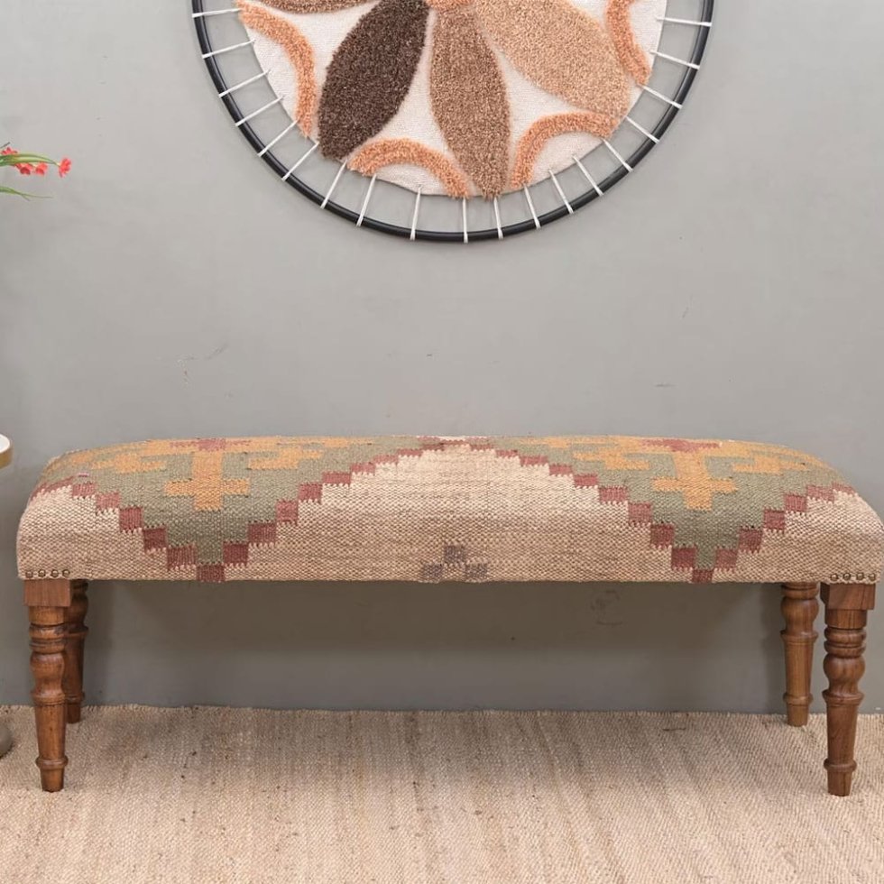 Banc ottoman rembourré en kilim de laine et de jute